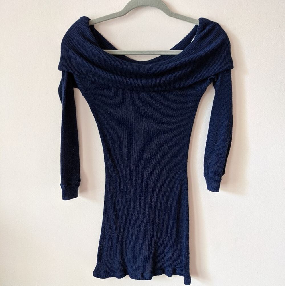navy ribbed knit off the shoulder sweater mini dress / tunic